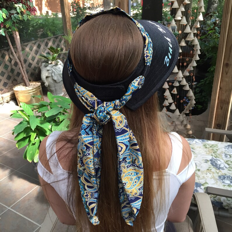 WideLong Brim Visor with Attached Scarf in Front and Loops Around Back to Tie Monogrammed with Beach Babe on Top and Under the Visor.