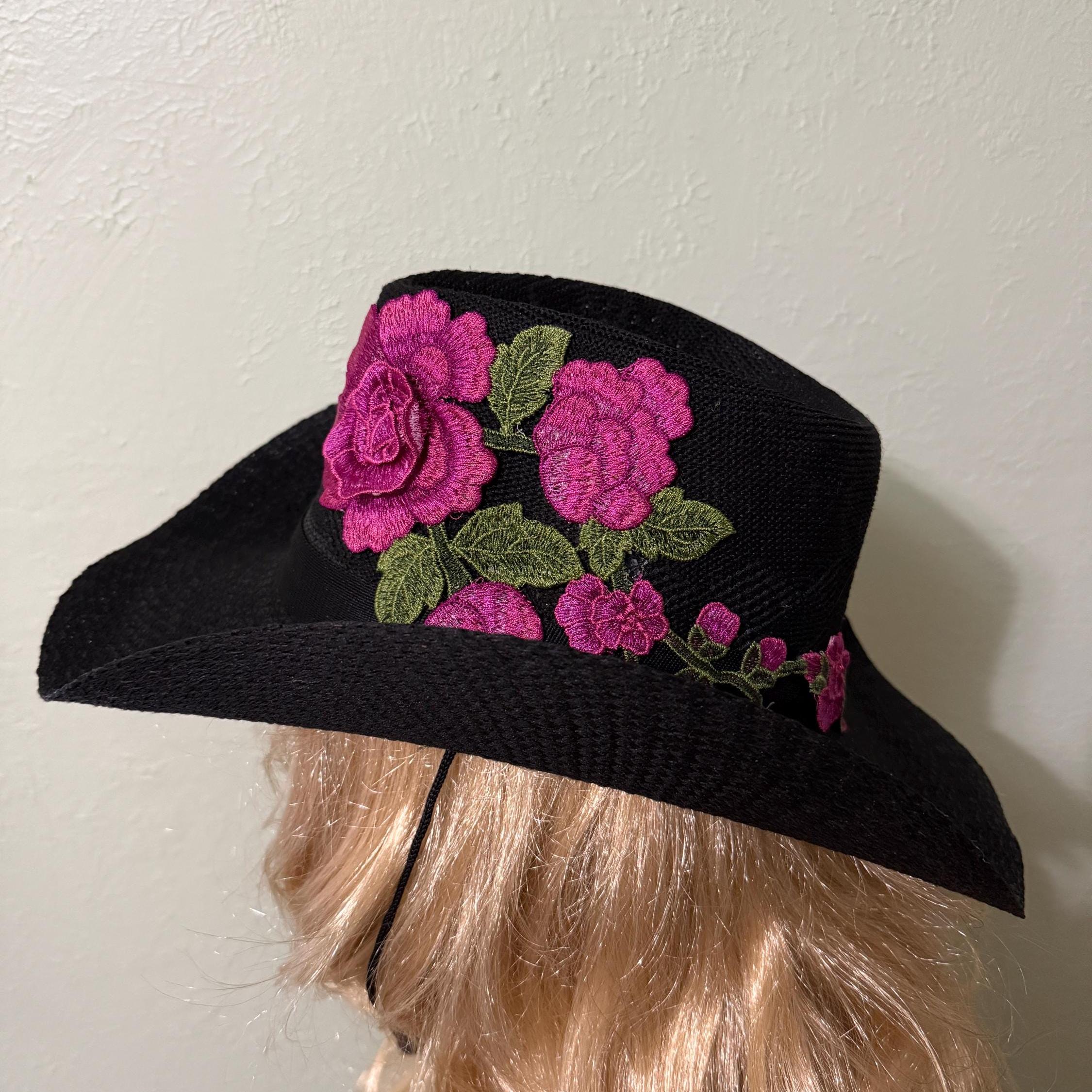 Black Cowboy Hat With Embroidered Violet Rose Applique on  display picture 1