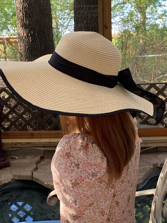 Tan Floppy Sun Hat with Black Band Flat Tan Wide Brim Sun Hat With Black Ribbon Trim at Amazon  main image 3