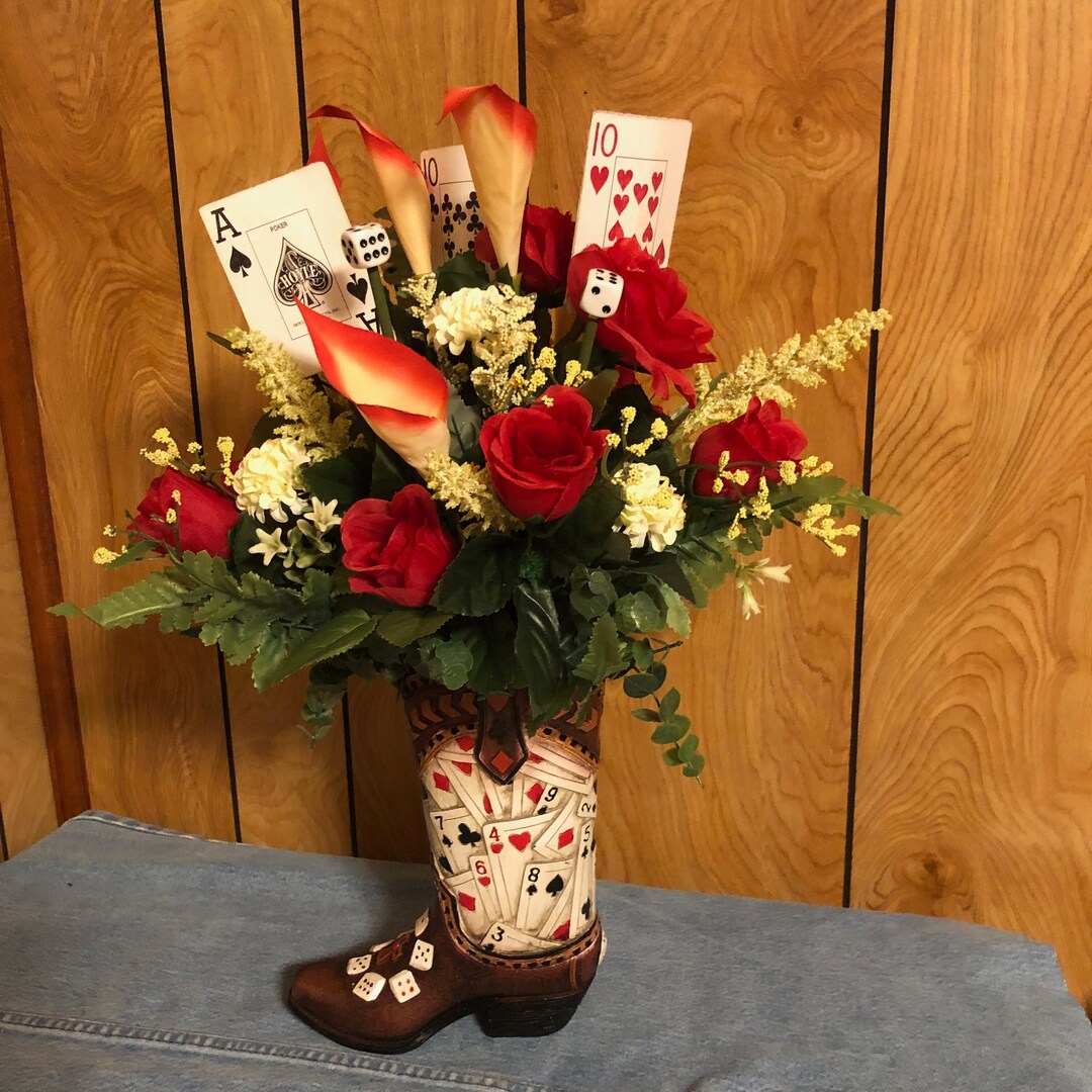 Brown Boot With Fun Playing Cards and Dice. Flower Arrangement of Red ...