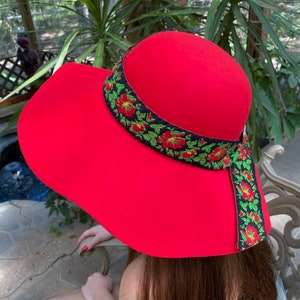 Wide Brim Red Fedora Felt Hat with Black Band embroidery with Beautiful Red Flowers and Green Leaves.