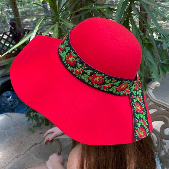 Red Wide-Brim Fedora with Patterned Band Red Wide Brim Fedora and Scarf, African Fedora , Valentine  main image 2