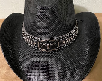 Black Straw Cowboy Hat with Long-Horn Medallion with Black and Brown Hat Band with Rows of Rhinestones and Studs
