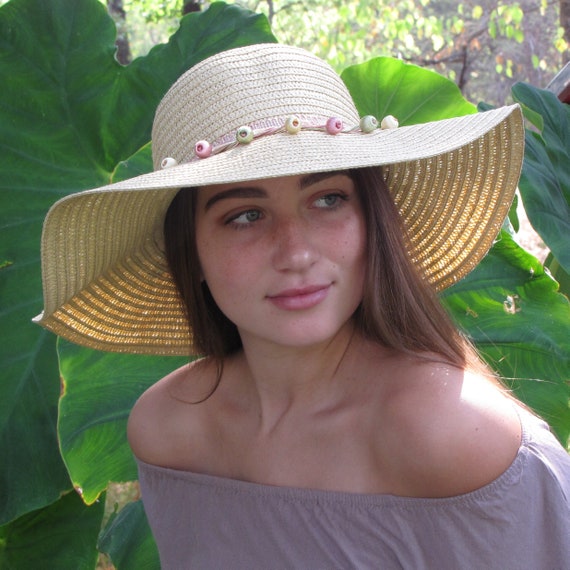 Beige Wide Brim Floppy Hat With Pink, Green and Yellow Pom  display picture 1
