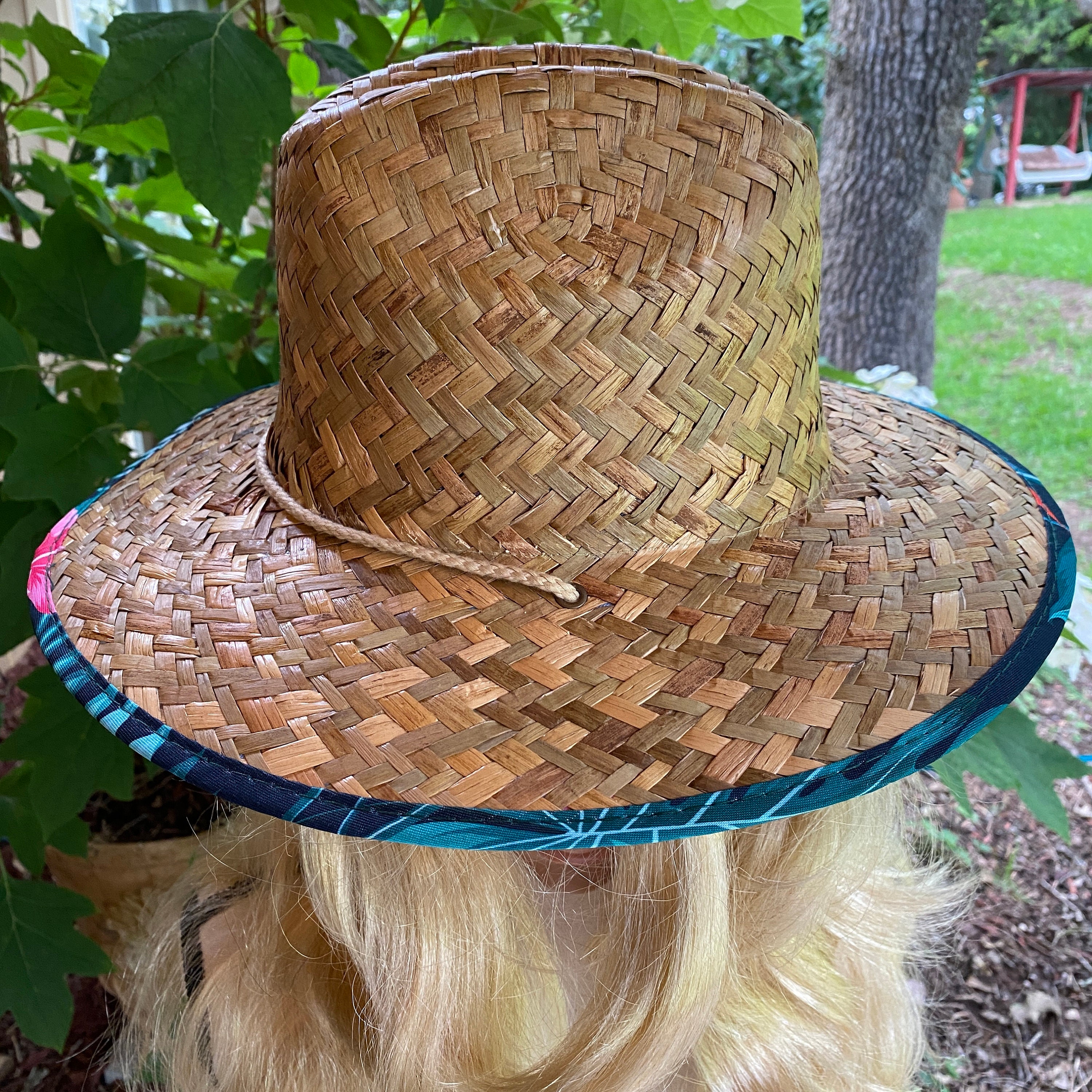 Tan Floppy Straw Fedora Style Hat With Fun Under Brim Fabric 