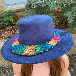 Wide Brim Beautiful Blue Felt Fedora Hat with Unique Teal, Pink, Gold and Green Beeding on the hat Brim