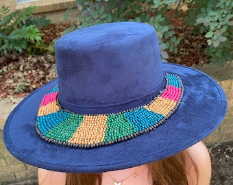 Wide Brim Beautiful Blue Felt Fedora Hat with Unique Teal, Pink, Gold and Green Beeding on the hat Brim