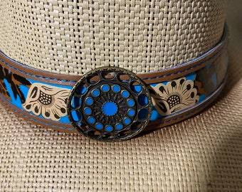 Blue Western Antique Wash Straw Cowboy Hat Filigree Oval Buckle Cowboy Hats for Women and Men Straw Western Hat Embroidered  main image 2