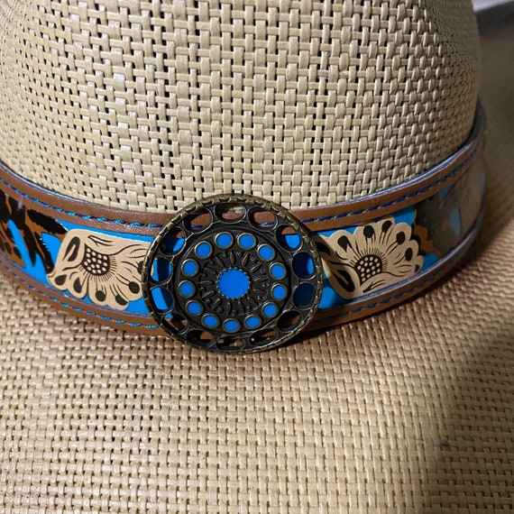 Straw Cowboy Hat, Brown Antiqued Straw With Brown and Blue  display picture 1