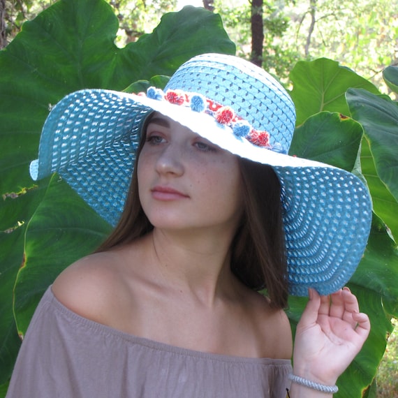Blue Wide Brim Floppy Hat With Blue and Orange Pom Poms  display picture 1