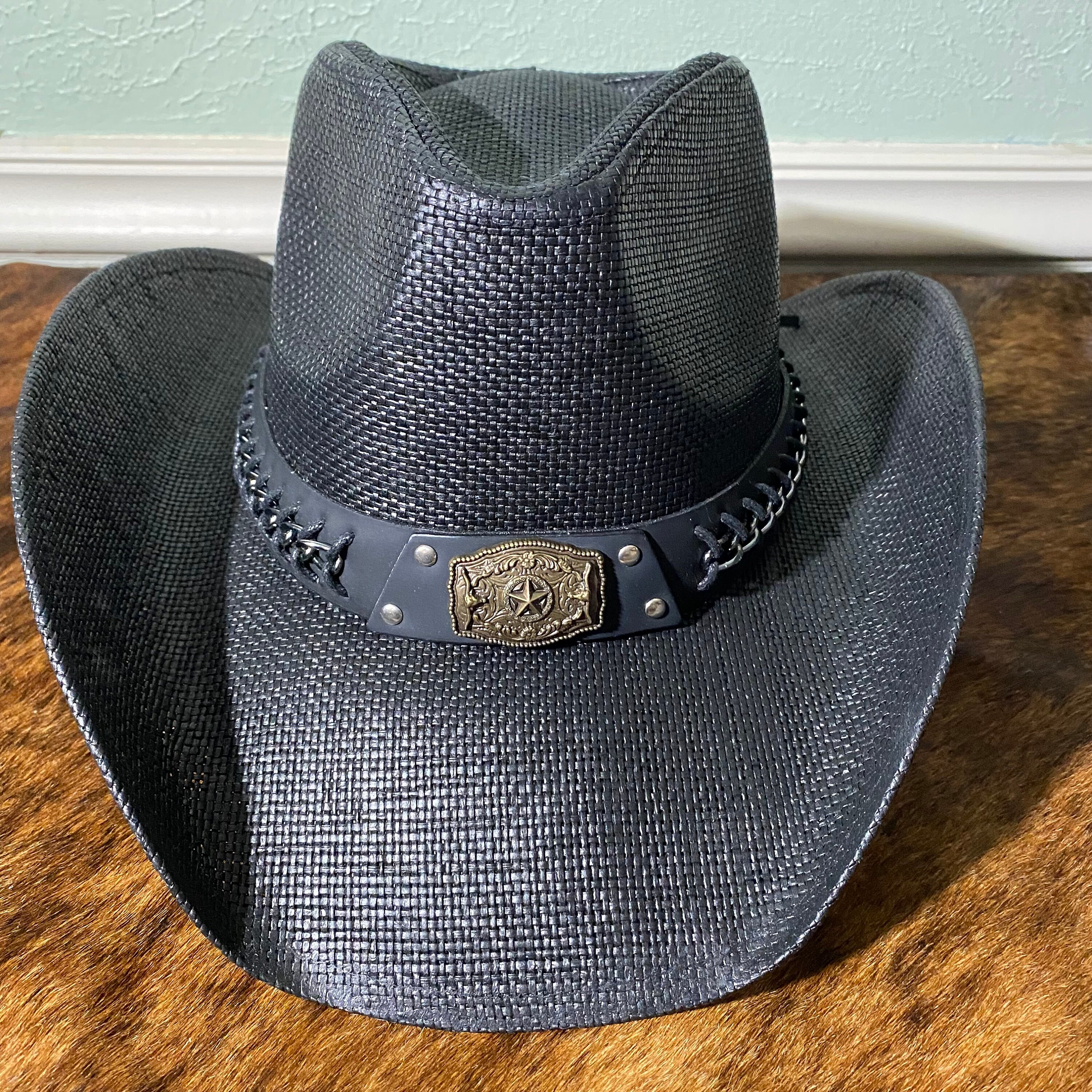 3496 Black Straw Cowboy Hat Western With Bracelet Decorative Bands Black Straw Cowboy Western Hat One a Kind Designer  main image 2