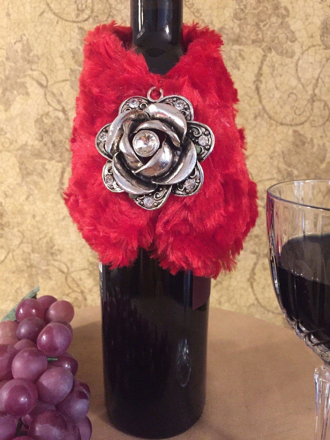 Wine Bottle Wrap/cover/cozy Made of Red Faux Fur & Ornate Rose Etsy