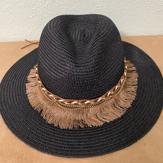 Black Straw Fedora, Fringed Hatband With Braided Leather and  display picture 3