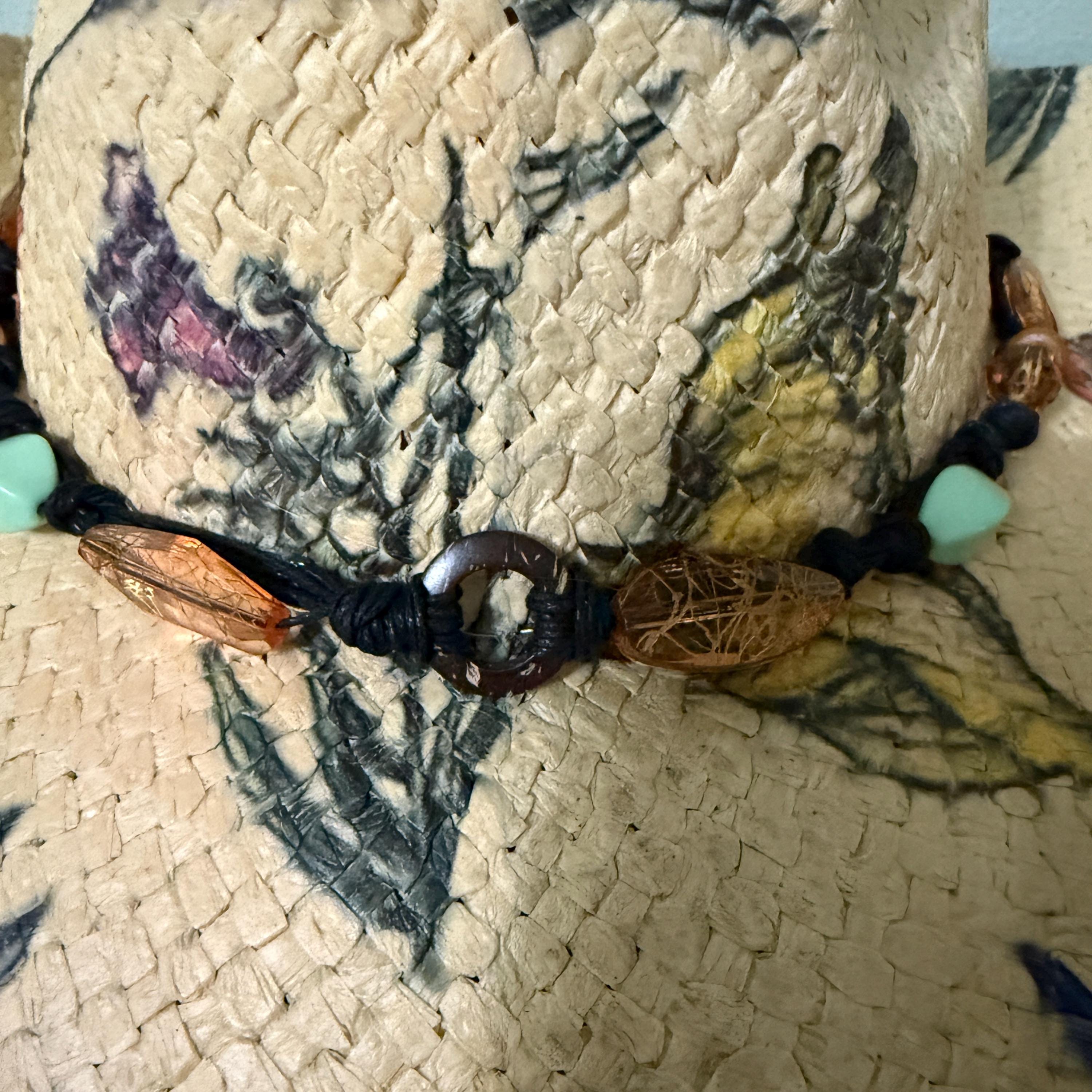 Floral Print Cowboy/sun Hat With a Beaded Hat Band With a 