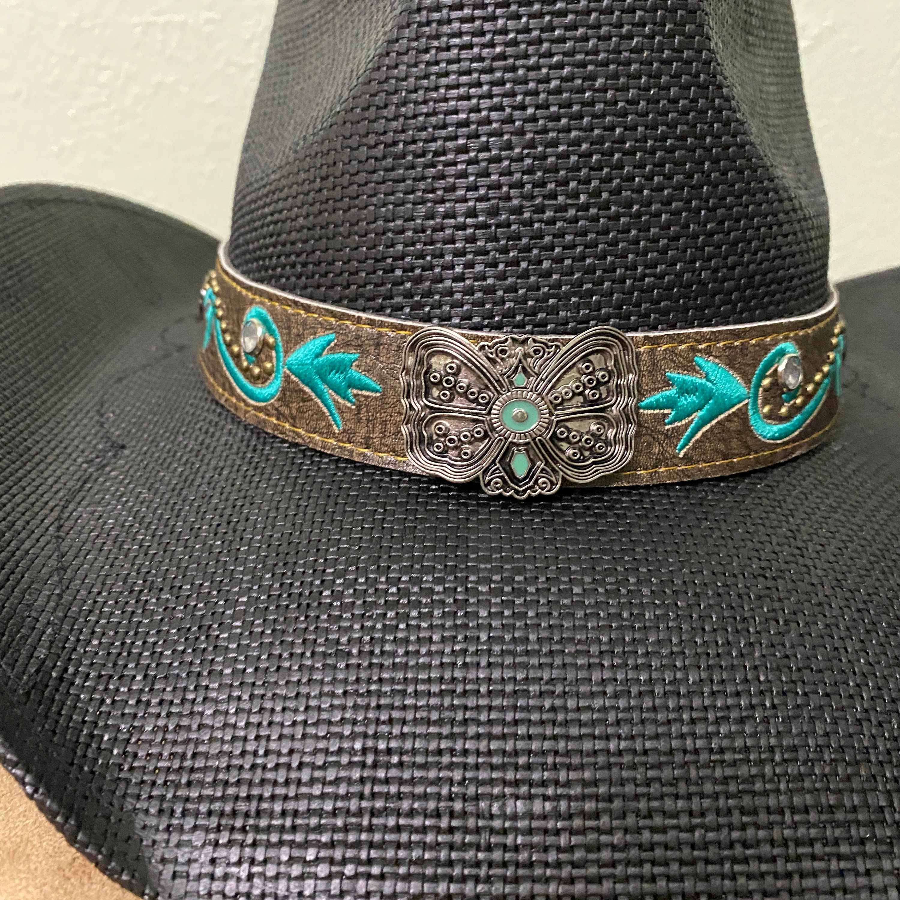 Straw Cowboy Hat With Beautiful Scroll Appliques on Each 