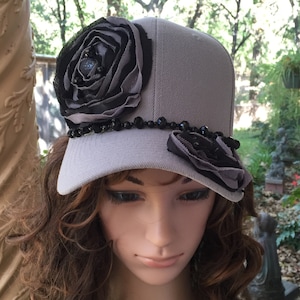 Ball Cap in Grey with Black & Grey Vintage Flowers