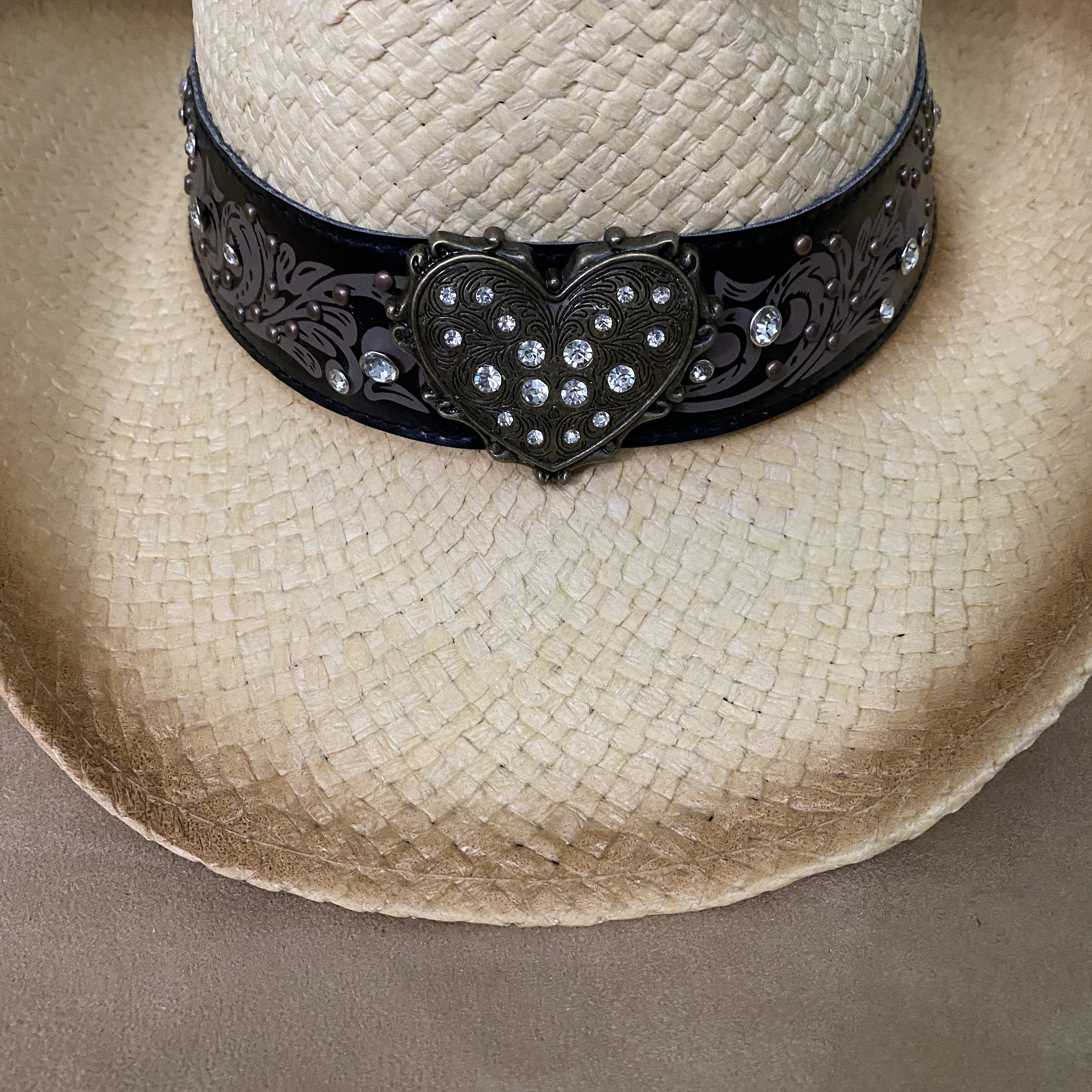 Brown Straw like Cowboy Hat with Heart Accents Saddleback Vented Straw Cowboy Hat with Wooden Heart Band  main image 2