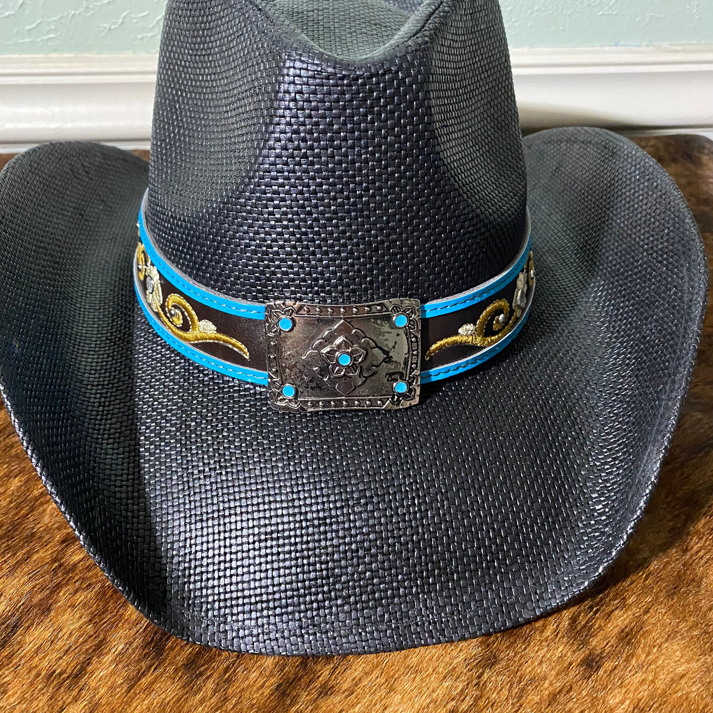 Black Straw Cowboy Hat Vintage Look With Black Hat Band  display picture 1