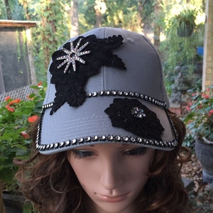 Gray Ball Cap with Beautiful Black Ribbon Applique with Rhinestone Pendant and Rhinestone Band
