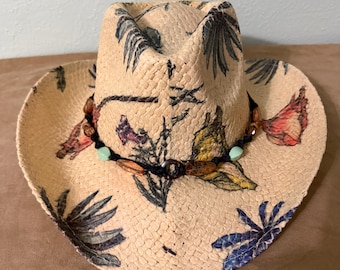 Floral Print Cowboy/sun Hat With a Beaded Hat Band With a  display picture 1