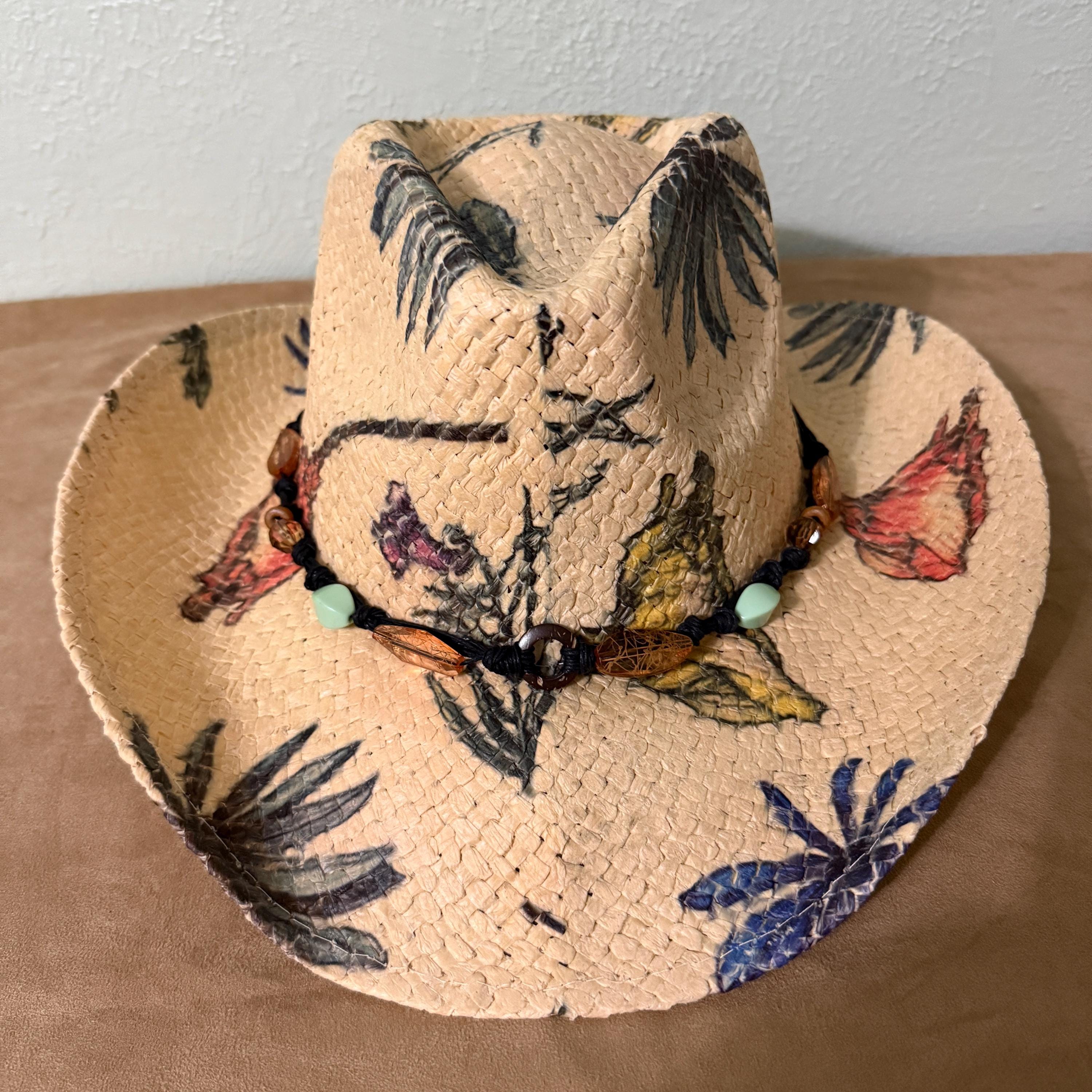 Floral Print Cowboy/sun Hat With a Beaded Hat Band With a  display picture 2