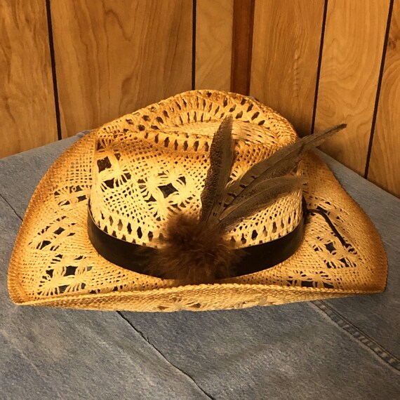 Brown Cowboy Hat with Feather Accent Handmade Brown Leather Top Hat With Feather Accent  main image 2