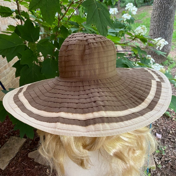 Sun Hat Brown and Tan Floppy Large Brim Hat With Flowers 
