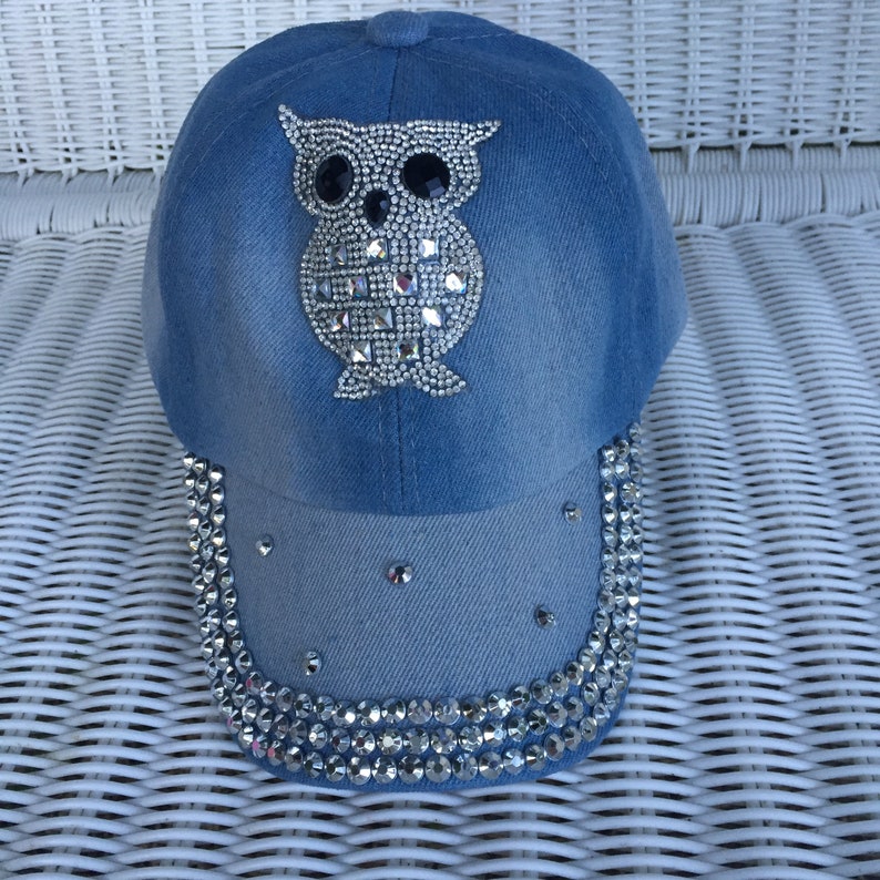 Child/'s Baseball Cap With Large Crystal Owl and Studded Bill Monogramed with You/'re a Hoot on back Denim Cotton Fabric and Adjustable