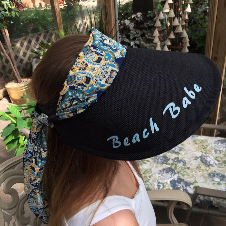 WideLong Brim Visor with Attached Scarf in Front and Loops Around Back to Tie Monogrammed with Beach Babe on Top and Under the Visor.