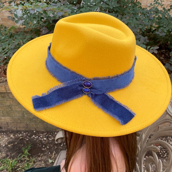 Wyeth Piper Felt Fedora Hat – Yellow Wide Brim with Ribbon Band Yellow Fedora Hat, Vegan Felt Stiff Brim Hat, Men Winter Hat  main image 3