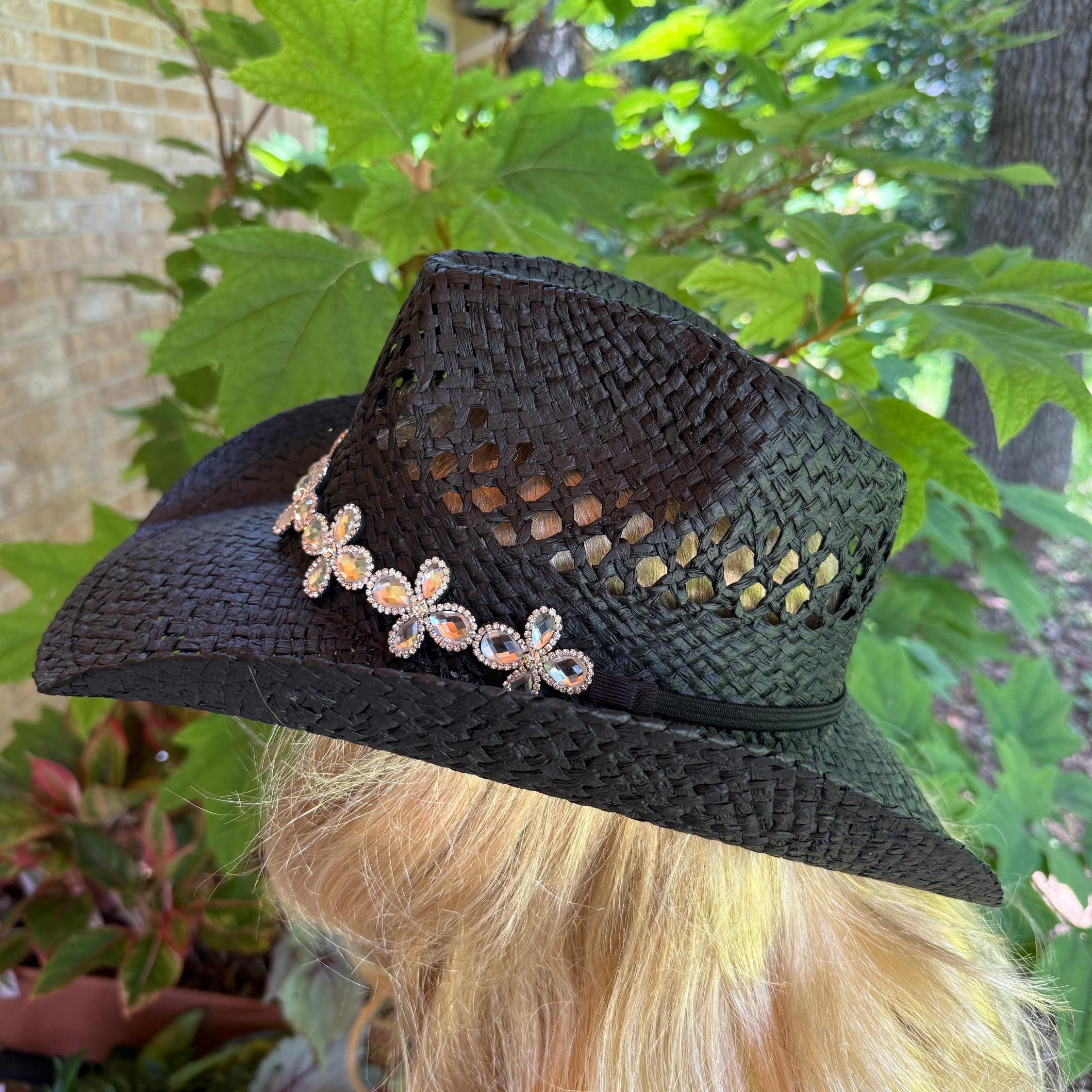 3496 Black Straw Cowboy Hat Western With Bracelet Decorative Bands Black Straw Cowboy Western Hat One a Kind Designer  main image 3