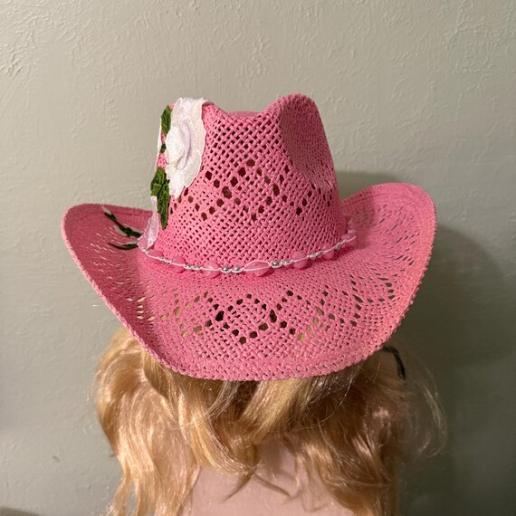 Pink Cowboy Hat With Embroidered White Rose Applique on the  display picture 3