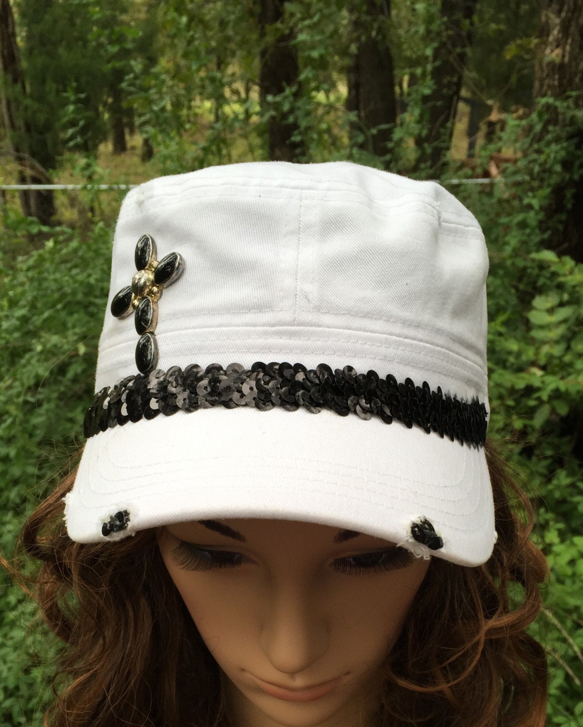 Flat Top Cap With a Vintage Look in White With a Black Sequin Hat Band ...