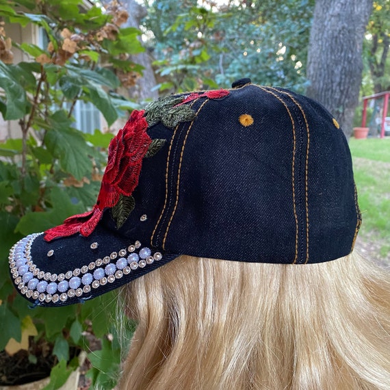 Beautiful Black Denim Cap With Embroidered Red Rose and  display picture 1