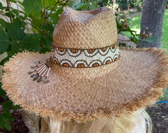 Vintage Scala Straw Hat Upcycled Painted Beadsbird, Feathers  display picture 1