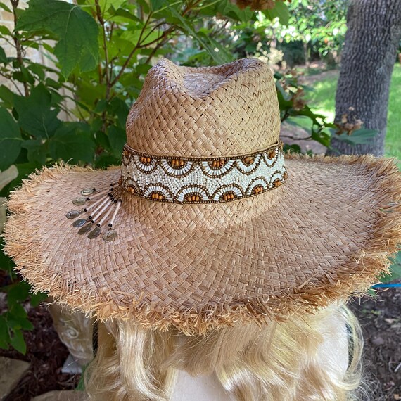 Wide Brim Boho Straw Sun Hat with Beaded Trim - Tan Sea Breeze Sun Hat - 21 main image 3