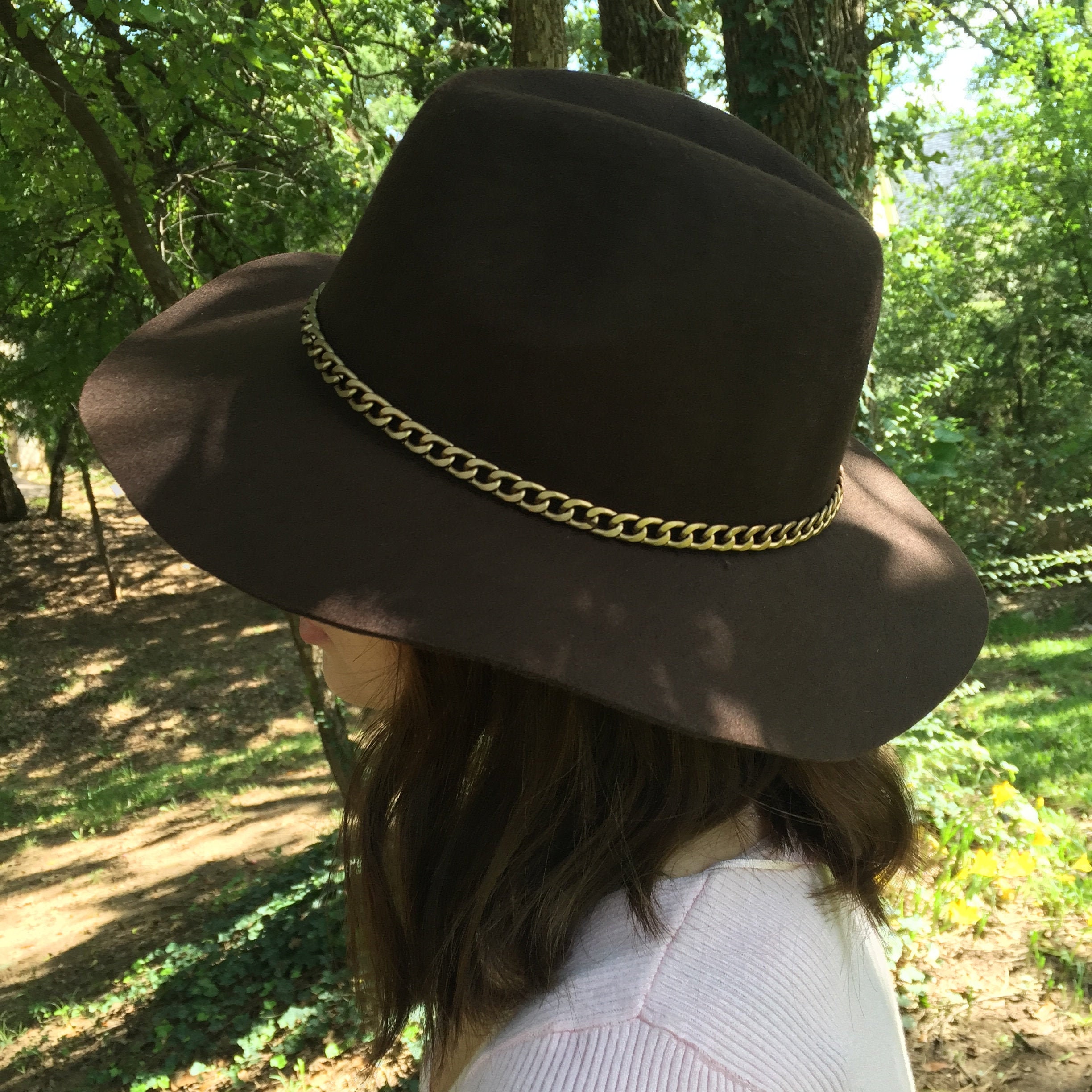 Fedora Brown Color Felt Wide Brim. Gold Chain Band Around 