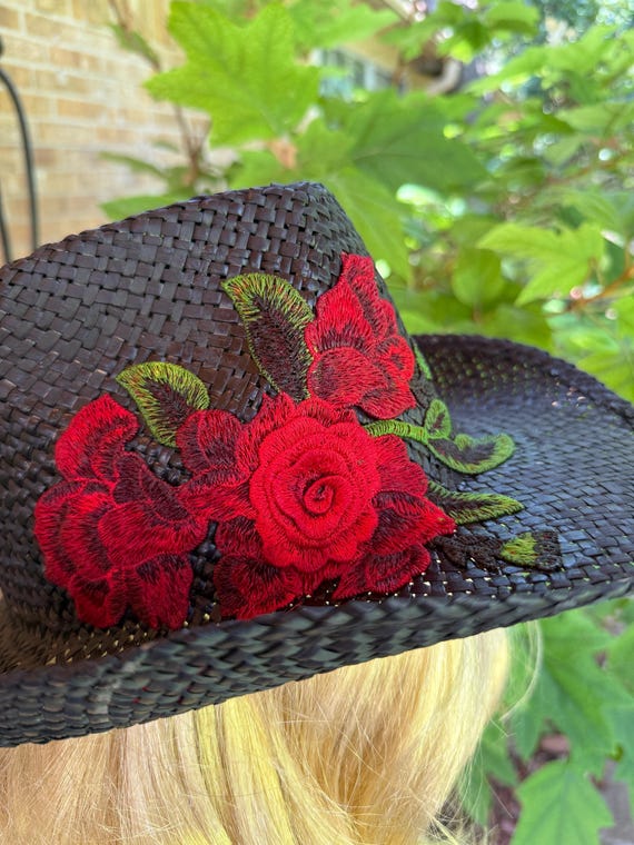 Black Straw Cowboy Hat With Embrodiered Red Rose Aplique on  display picture 3