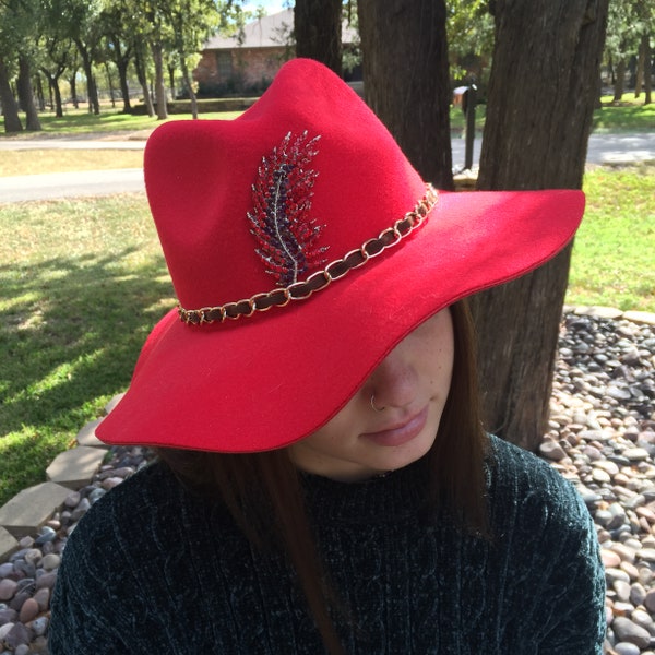 Fedora Soft Red Wool Felt Wide Brim. Black and Gold Chain Hat Band with Red Rhinestone Feather