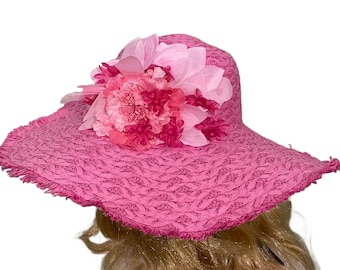 Dark Pink Wide Brim Floppy Sun Hat with Frayed Edges.  Embellished with Dark and Light Pink Flowers with Dark Pink Pearl Centers