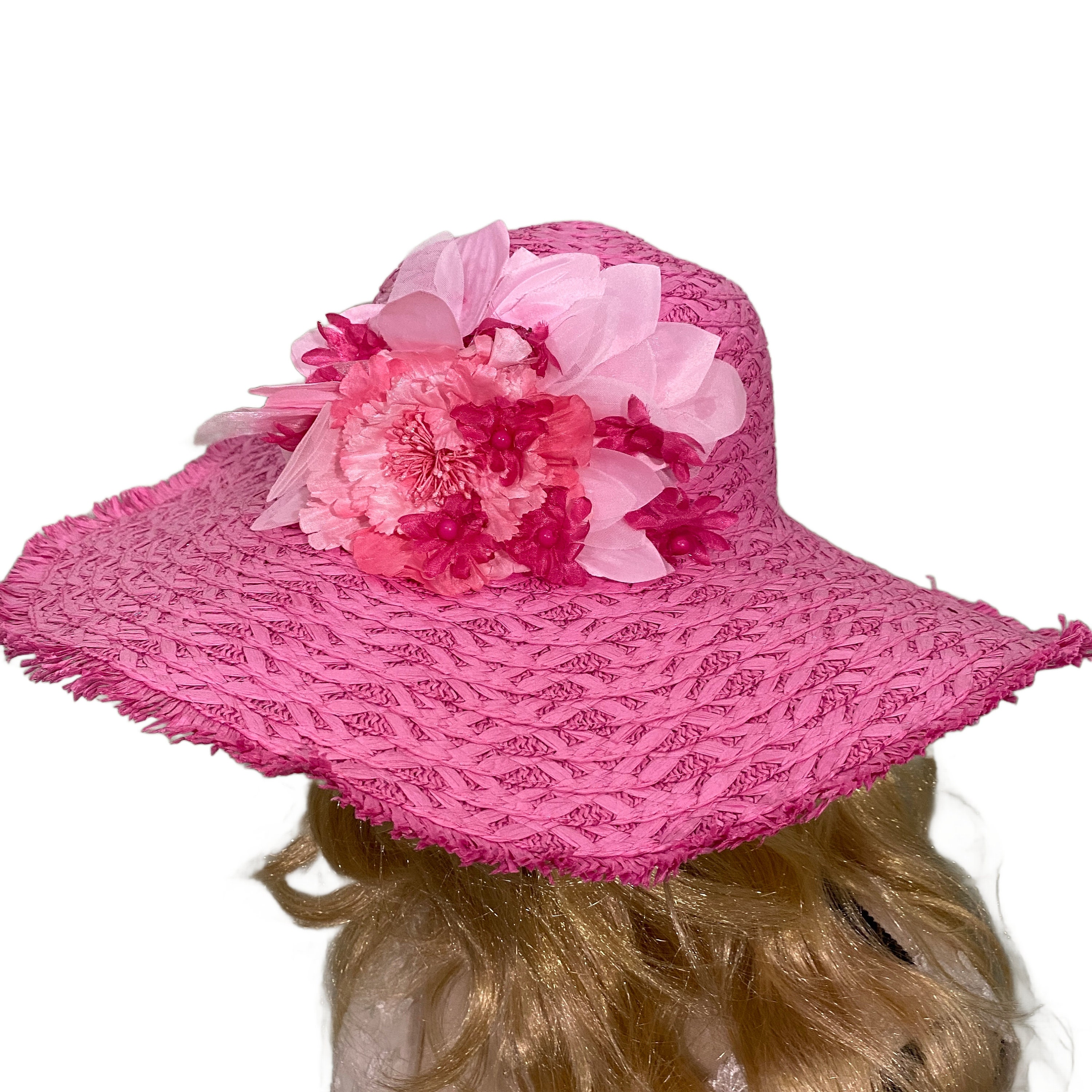 Dark Pink Wide Brim Floppy Sun Hat With Frayed Edges 