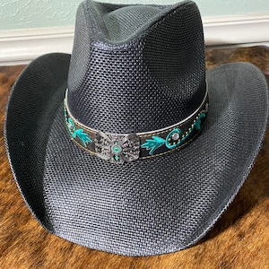 Straw Cowboy Hat with Black Band and Sun Concho Buy Unisex black worn look soft straw cowboy hat with  main image 4