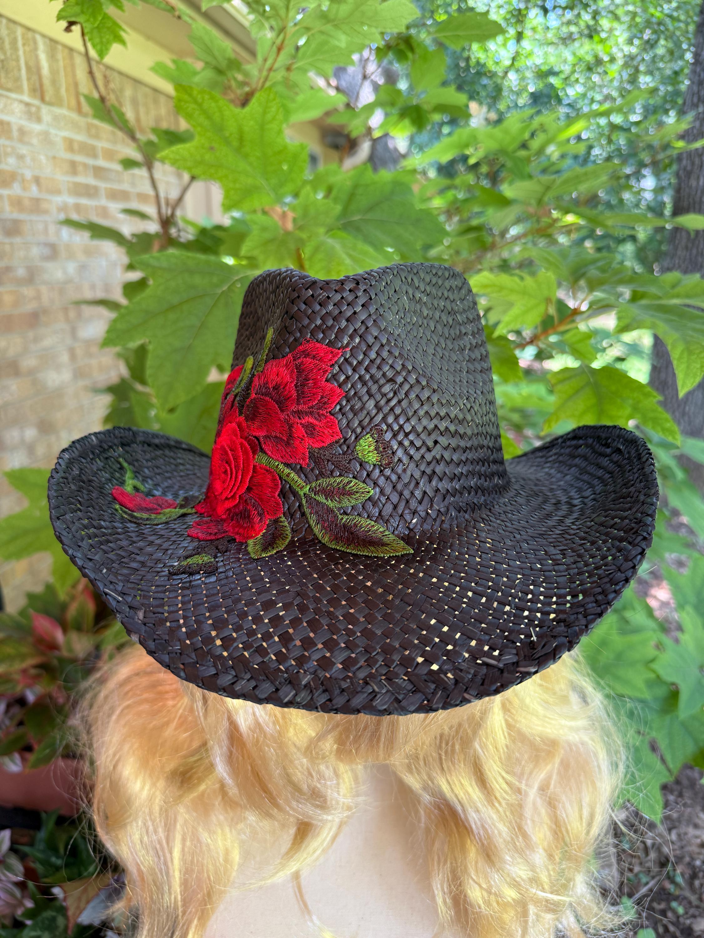 Black Straw Cowboy Hat With Embrodiered Red Rose Aplique on  display picture 2
