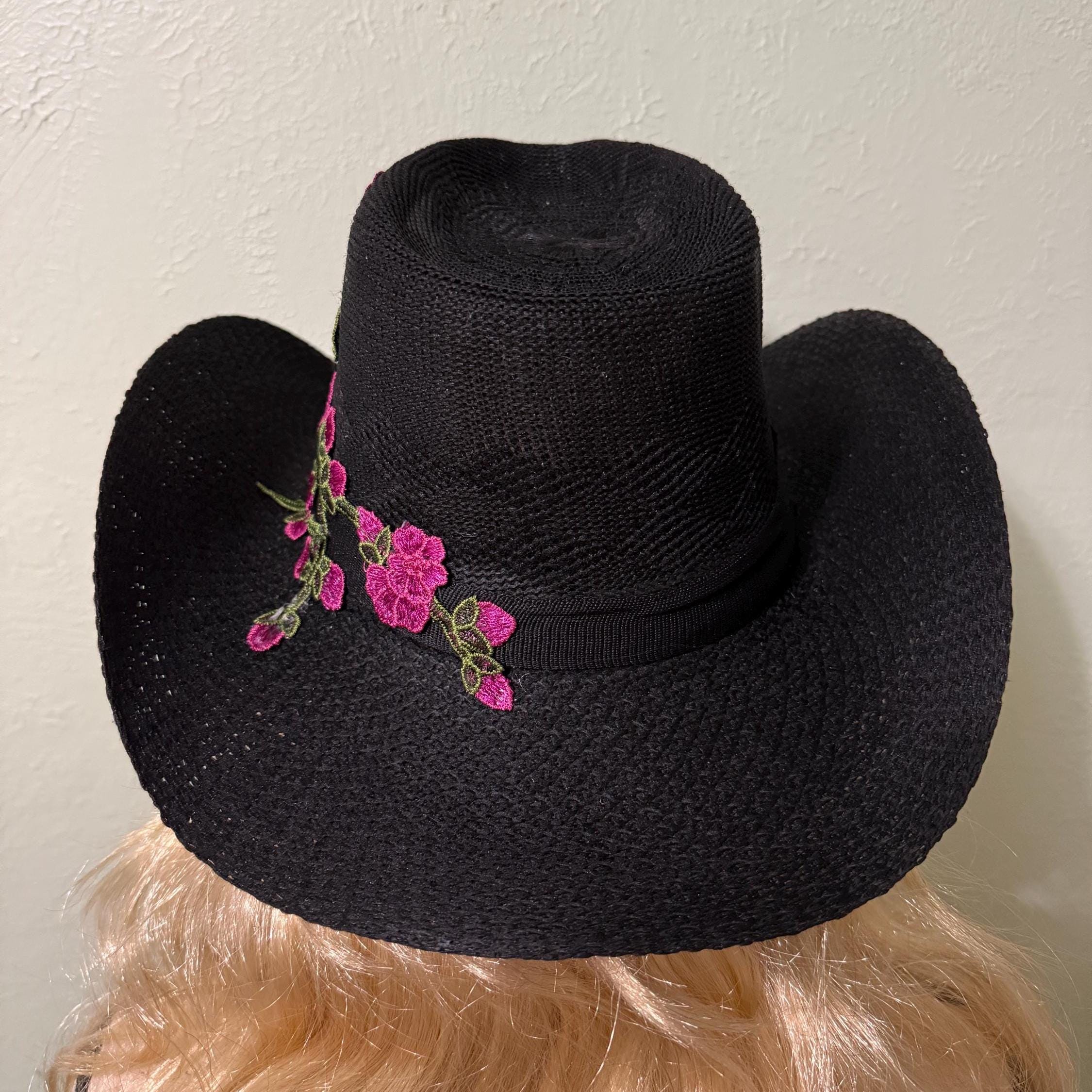 Black Felt Western Hat with Red Rose Embroidery Windsor Western Blooms Embroidered Rose Cowboy Hat  main image 3