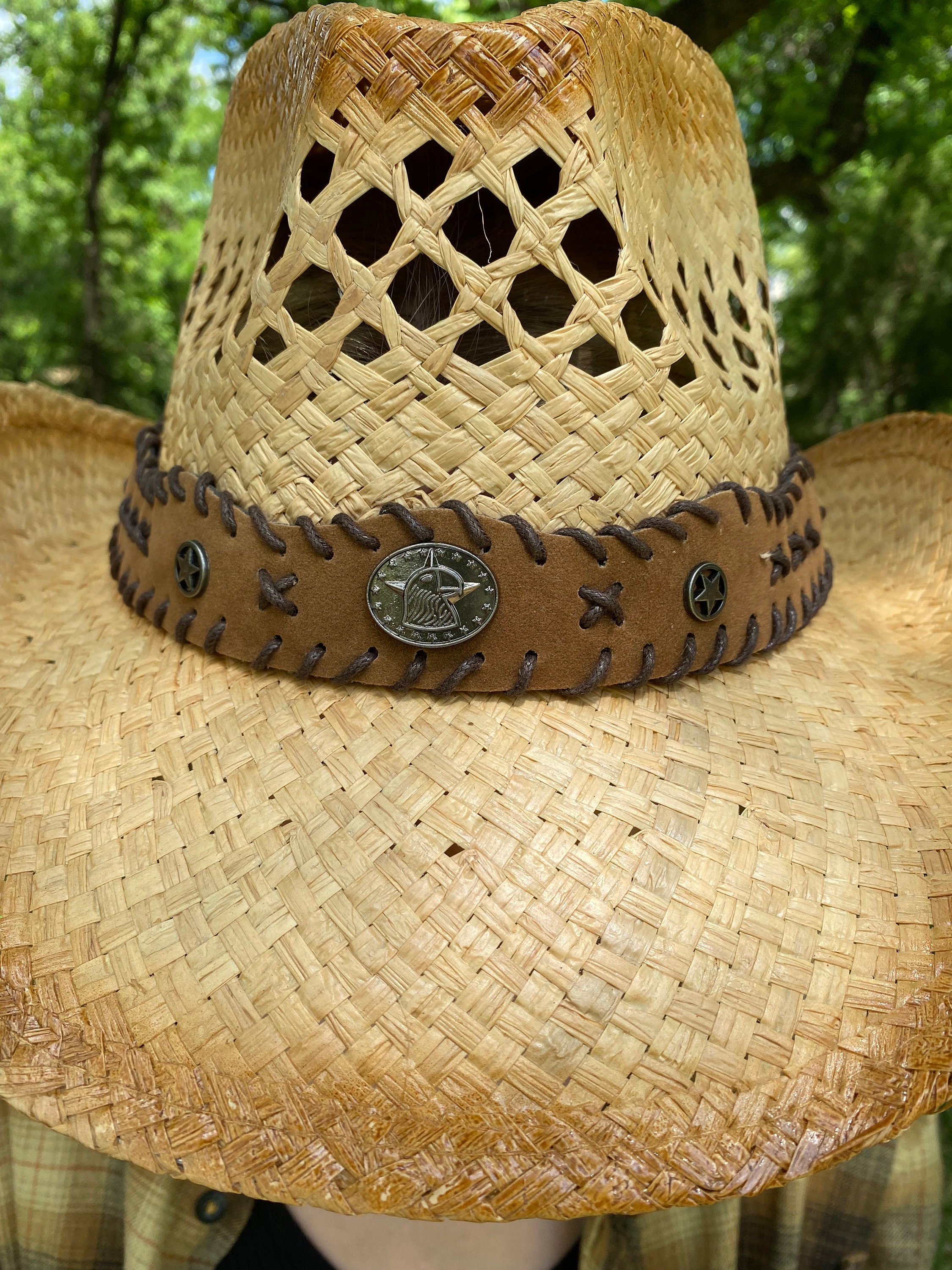 Straw Cowboy Hat, Antiqued Straw With Brown Stitched Hat  display picture 3