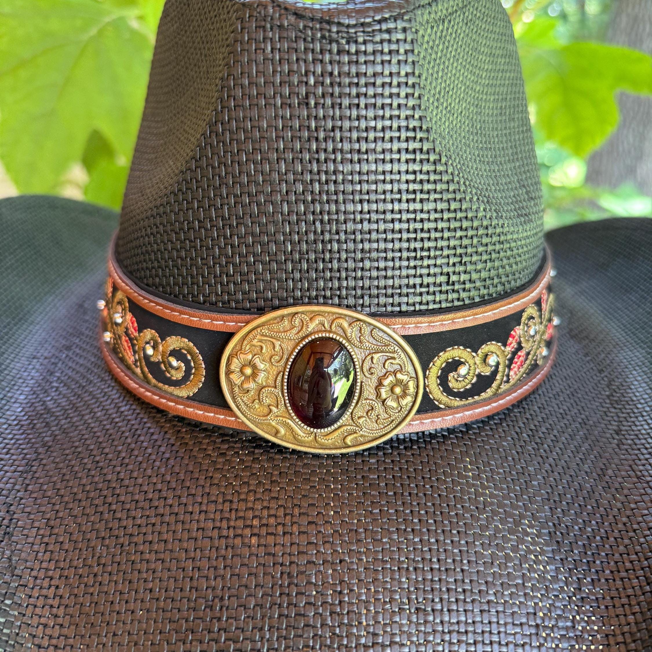 Black Wide-Brim Straw Hat with Embroidered Band and Red Tassel Accent Wrangler Women main image 3