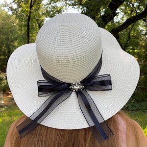 Wide Brim Hat for Weddings, Church, Sun & Beach. Foldable Style. Beautiful White Color with Black Hatband with Bow and Jeweled Accent on Bow