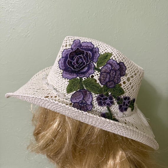 Floral Cream Hat with Purple and Green Accents White Mini Top Hat With Purple Flowers & Veil,bridal Mini  main image 4