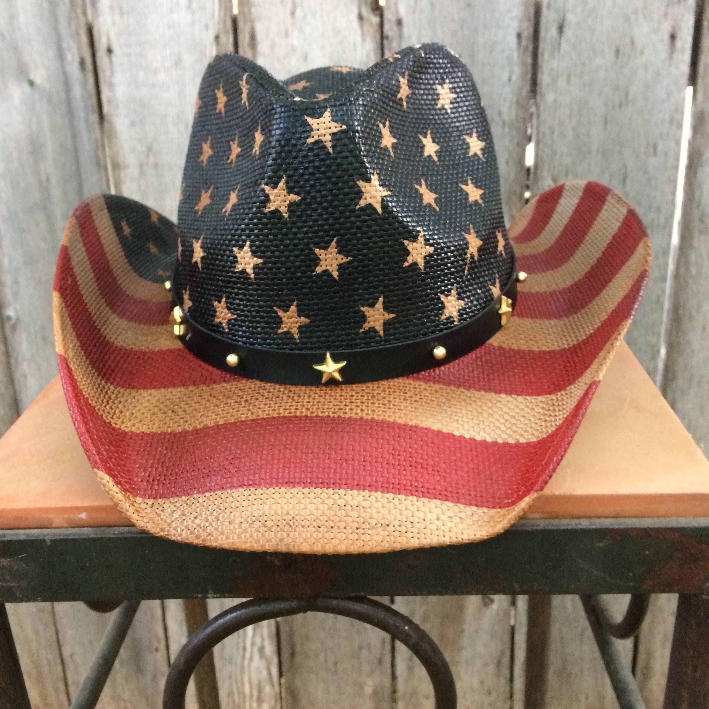 Red White and Blue Stars and Stripes Vintage Look Cowboy Hat  display picture 3