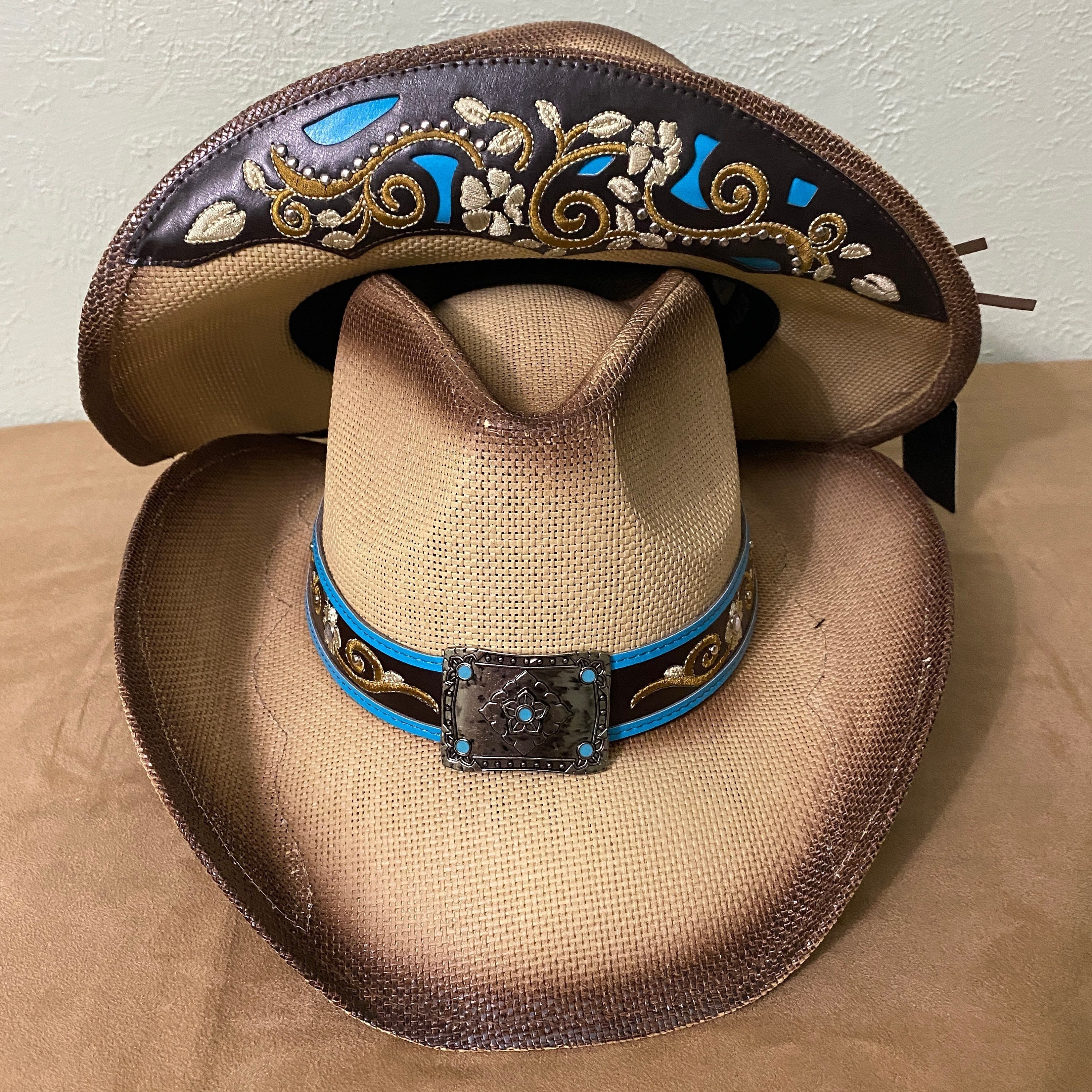 Straw Cowboy Hat With Beautiful Scroll Appliques on Each 